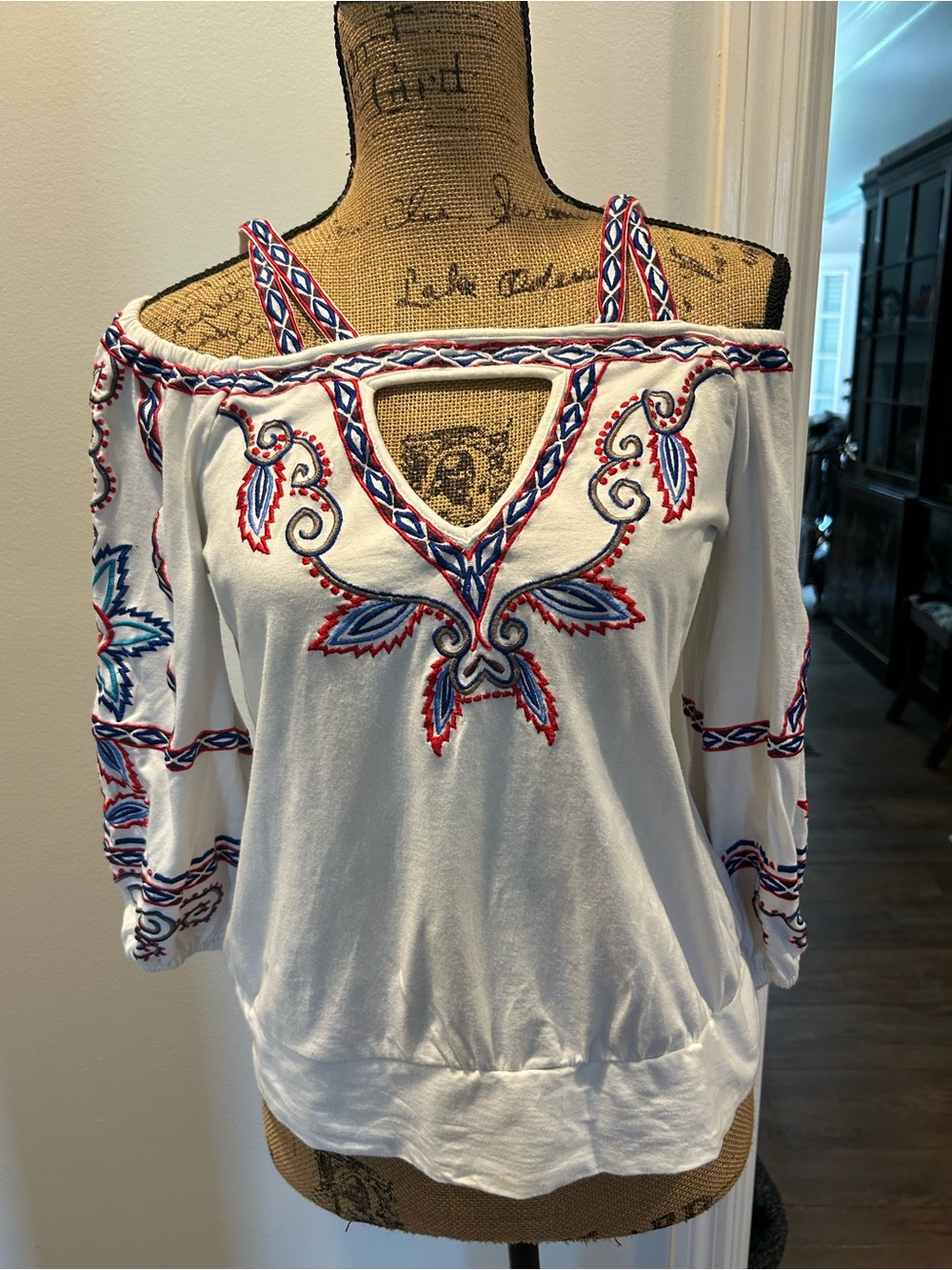 Boston Proper White Off-Shoulder Embroidered Peasant Top with Red & Blue Accents